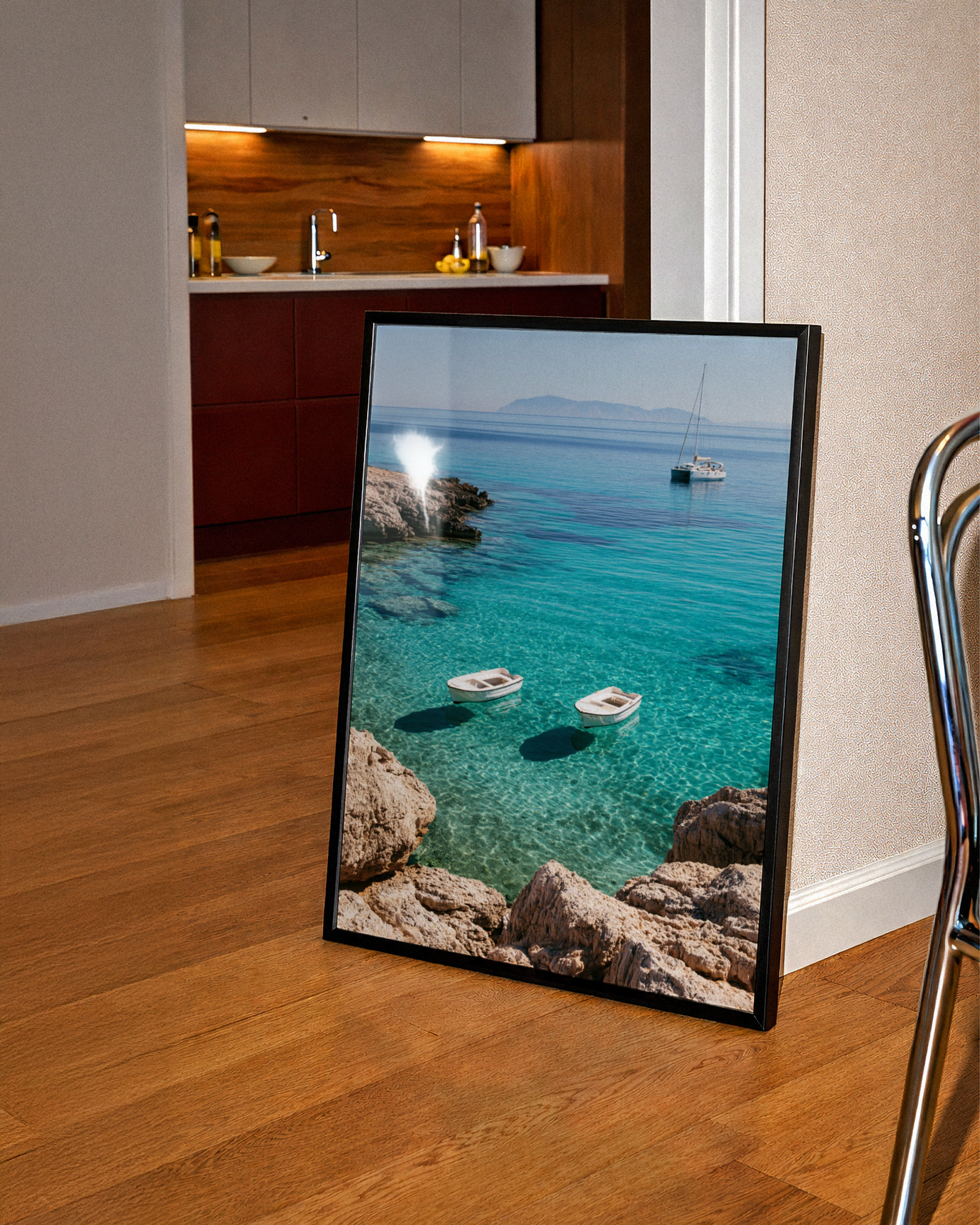 Boats on Crystal Clear Sea, Wall Art Poster, Mediterranean Coastal Print