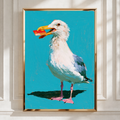 Seagull Stealing Credit Card Poster, Funny Coastal Bird Art Print, Teal