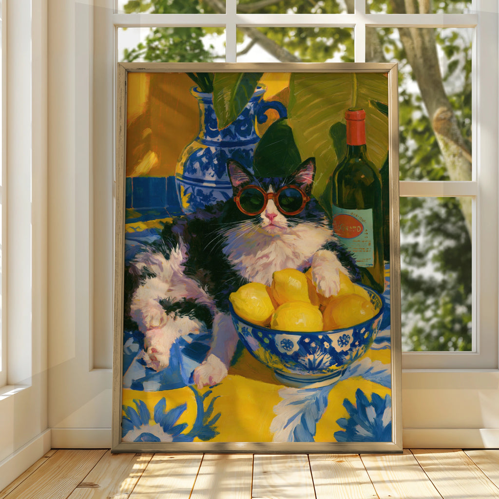 Cat with Sunglasses Lemon Bowl Poster, Mediterranean Still Life Wall Art Print