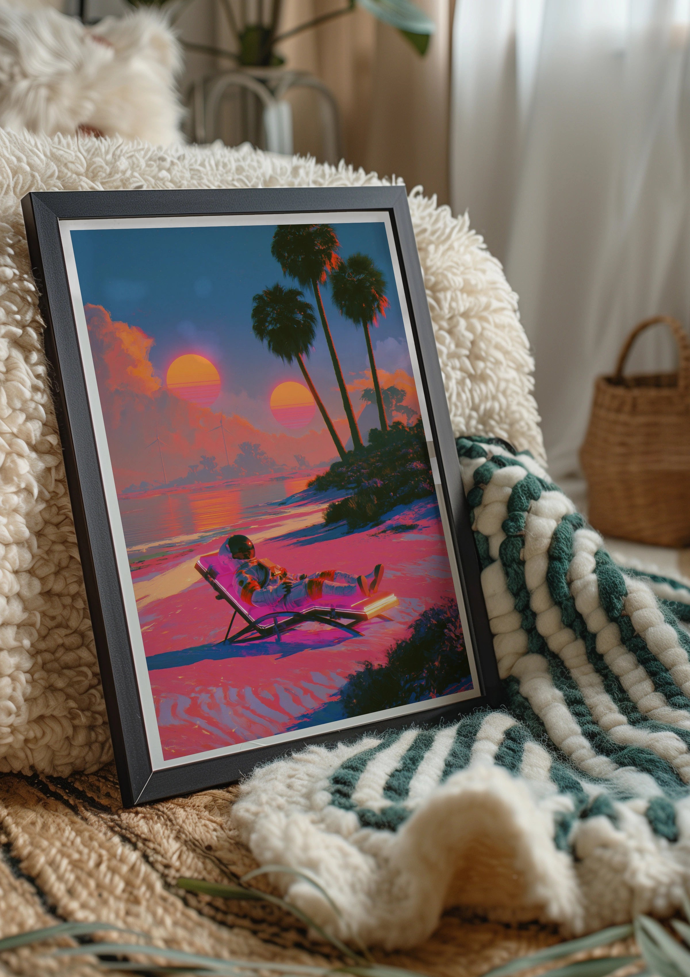 Astronaut on Sun Lounger Beach Poster, Retro Sci-Fi Wall Art, Vaporwave Print
