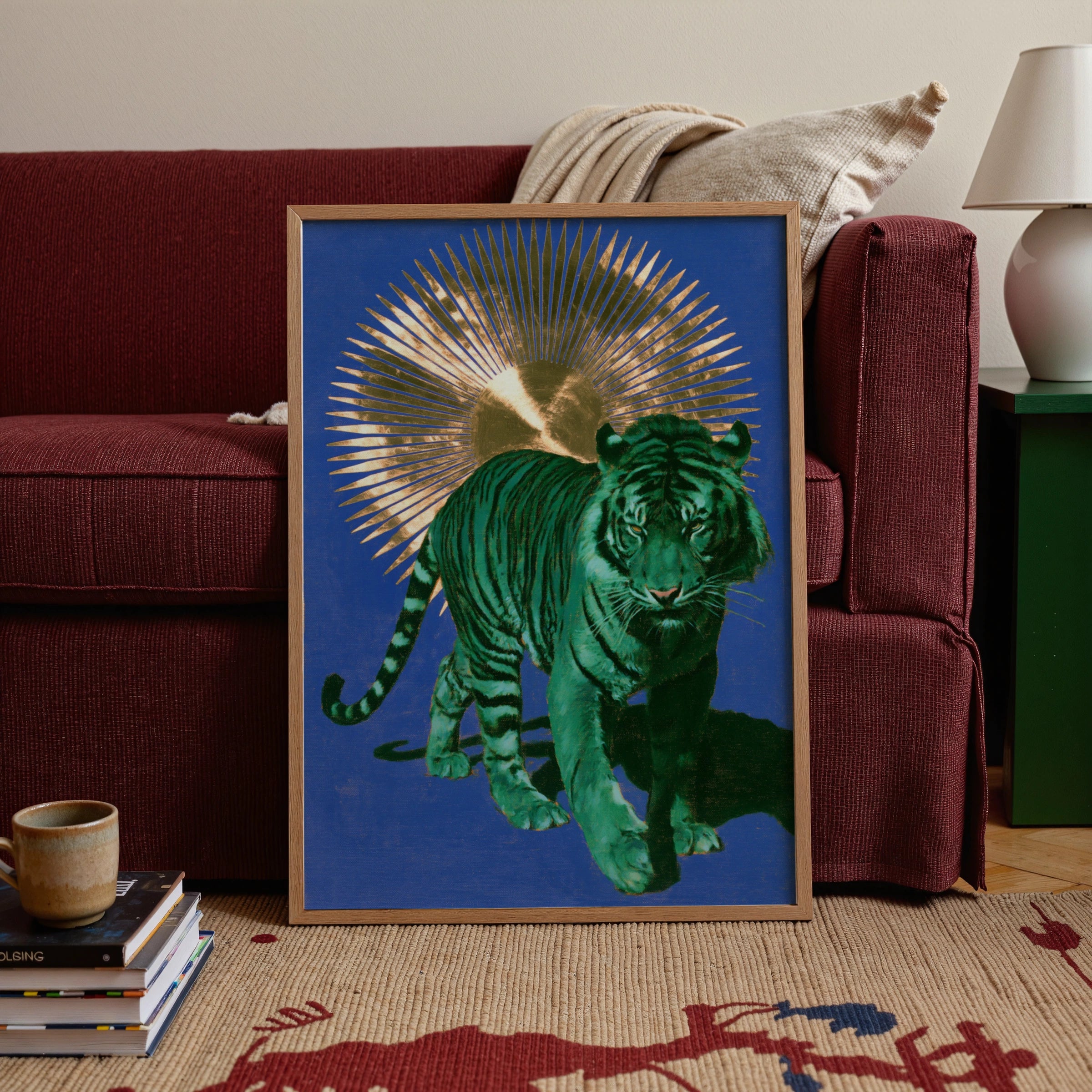 Green Tiger Gold Sun Poster, Bold Animal Wall Art, Blue Maximalist Print