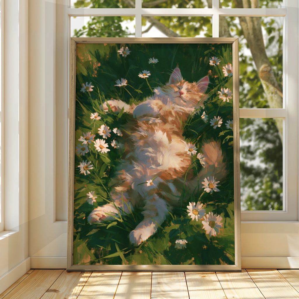 Sleeping Fluffy Cat Daisies Grass Poster, Cosy Painterly Wall Art Print