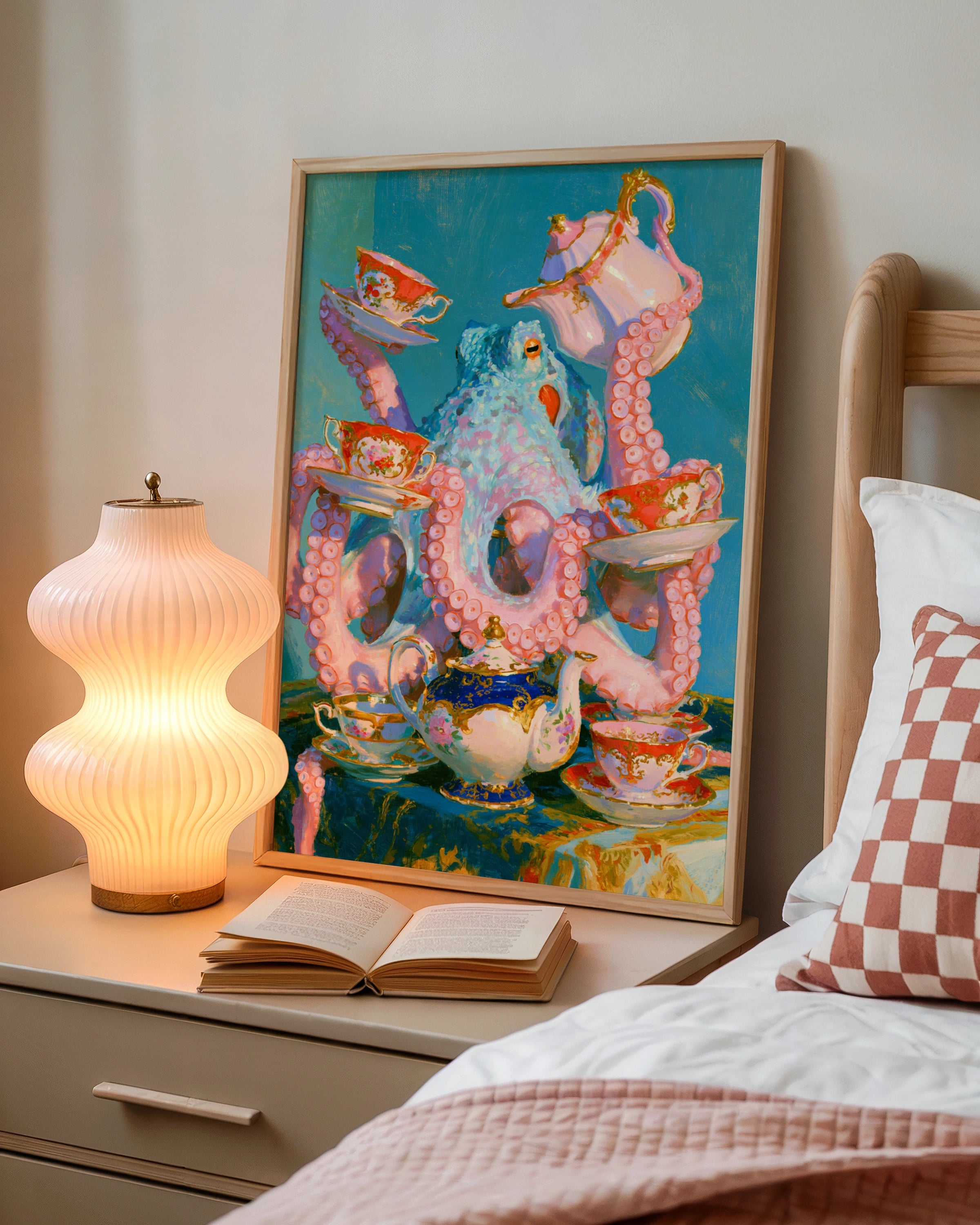 Octopus Tea Party Poster, Whimsical Animal Wall Art, Colourful Still Life Print