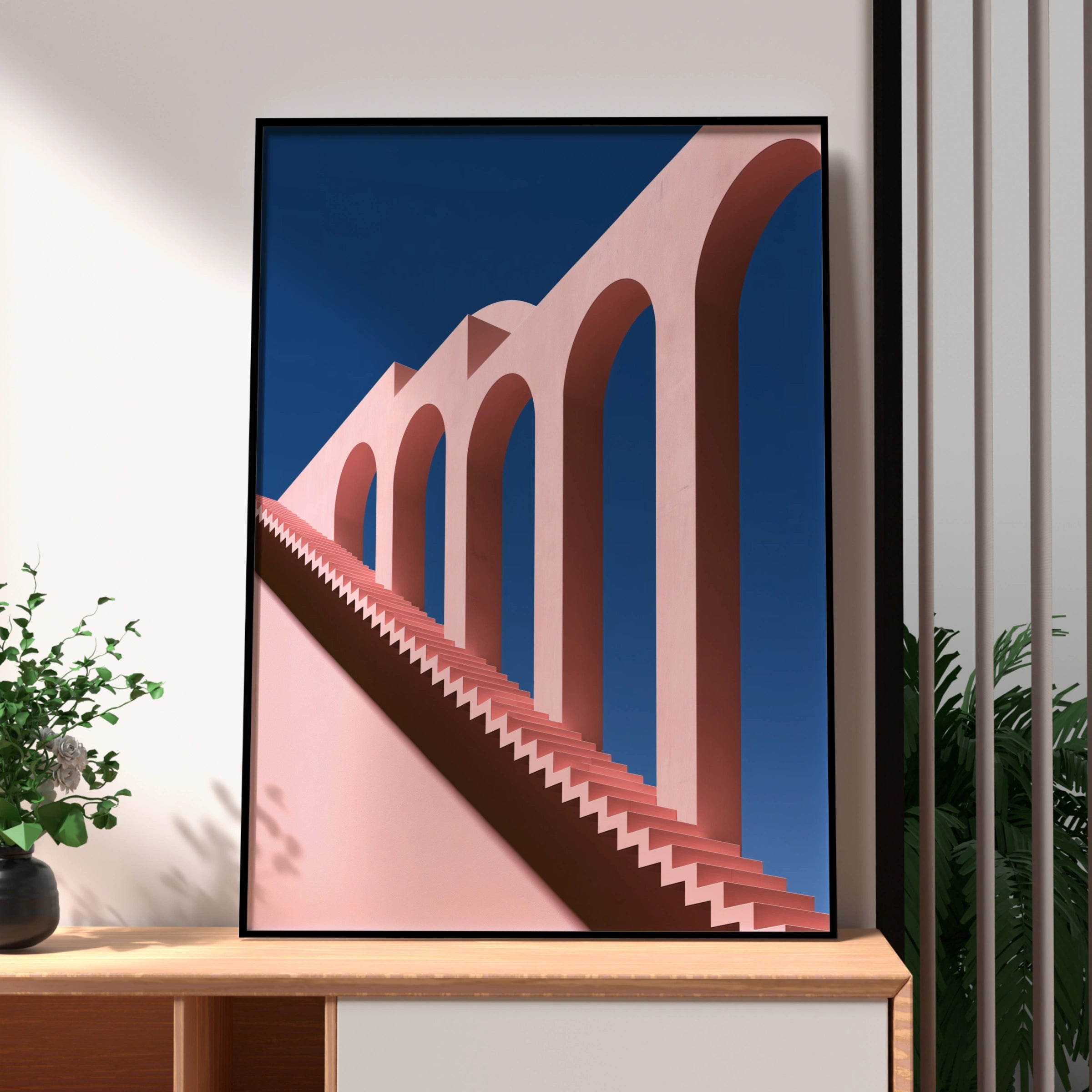 Pink Viaduct Stairs Architecture Poster, Minimalist Arches Wall Art Print