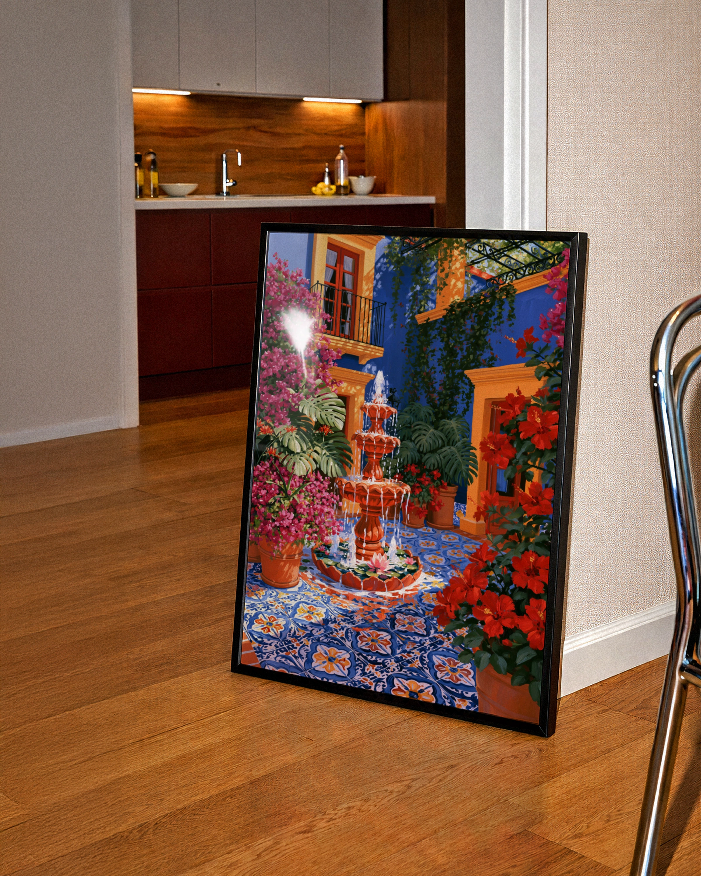 Mexican Courtyard Fountain Wall Art Poster, Colourful Botanical Print