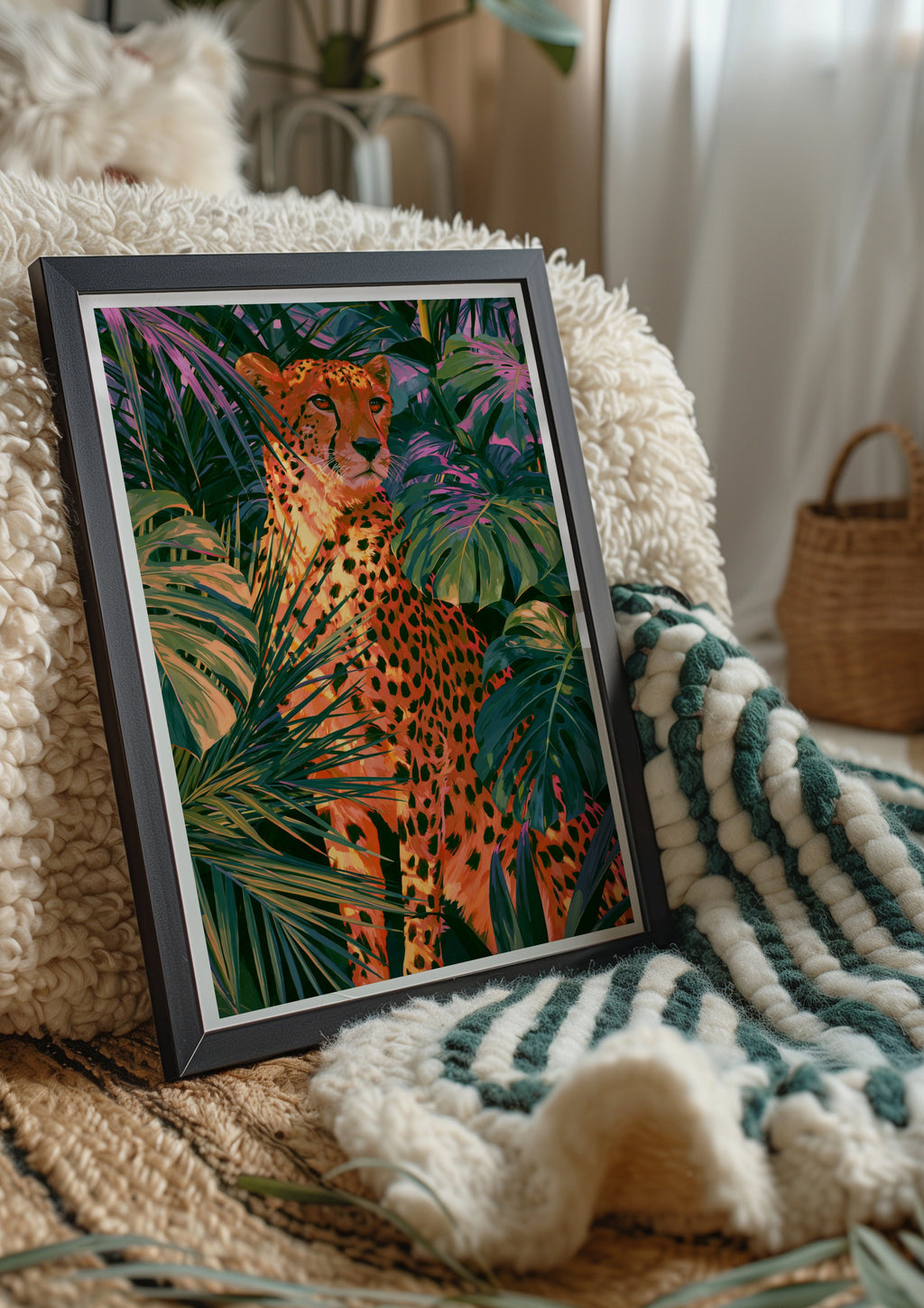 Cheetah Tropical Jungle Poster, Palm Monstera Leaves, Bold Colourful Wall Art