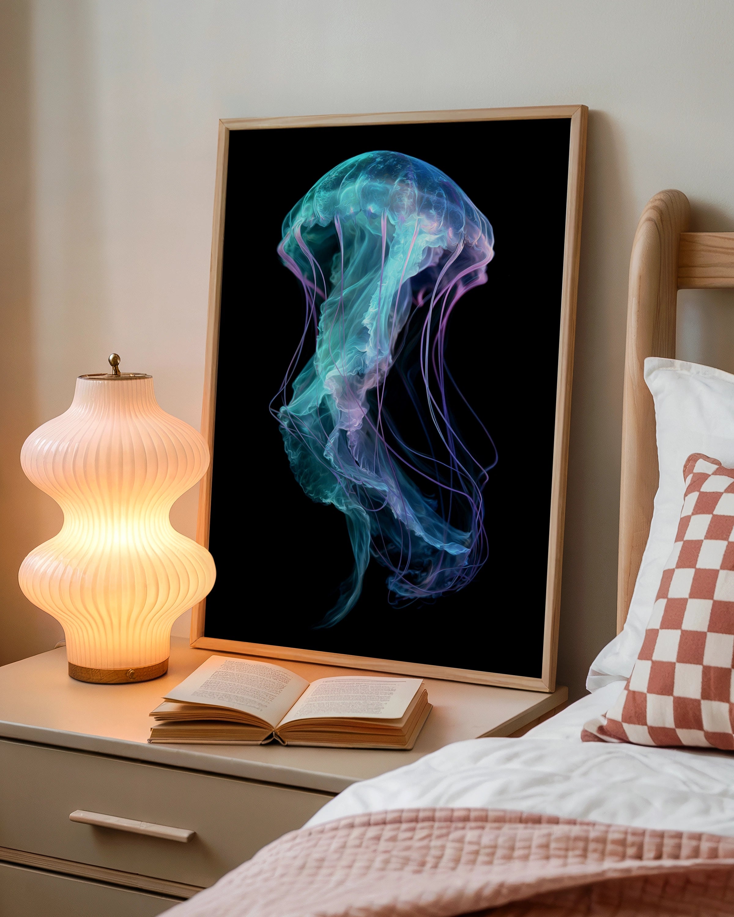 Jellyfish Wall Art Poster, Teal Purple Neon Ocean Print, Dark Minimalist Style