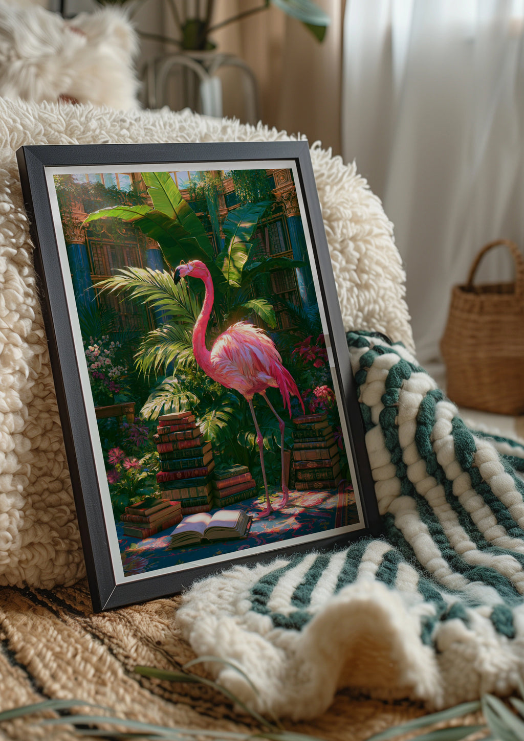 Flamingo Library Poster, Tropical Books Wall Art, Whimsical Botanical Print