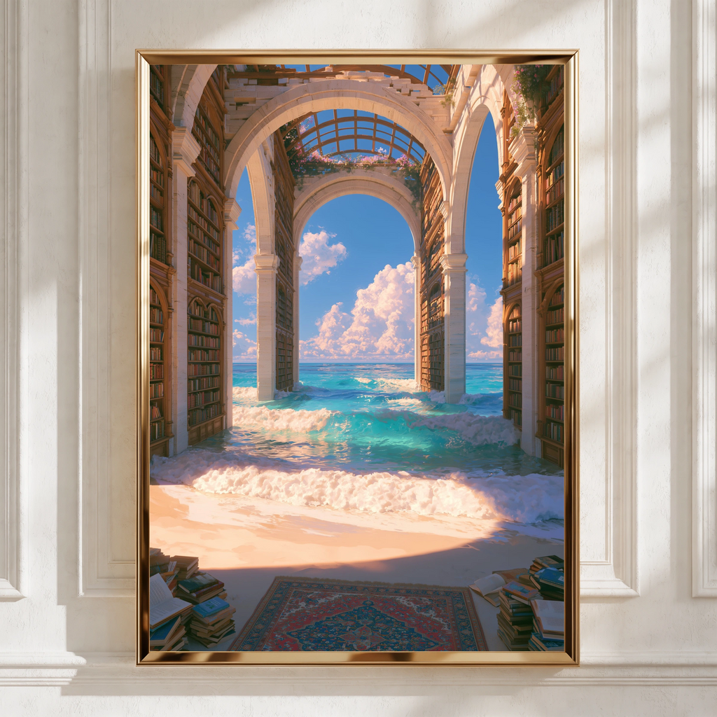 Library Ocean Fantasy Poster, Surreal Bookshelf Sea Arch Print, Dreamy Wall Art