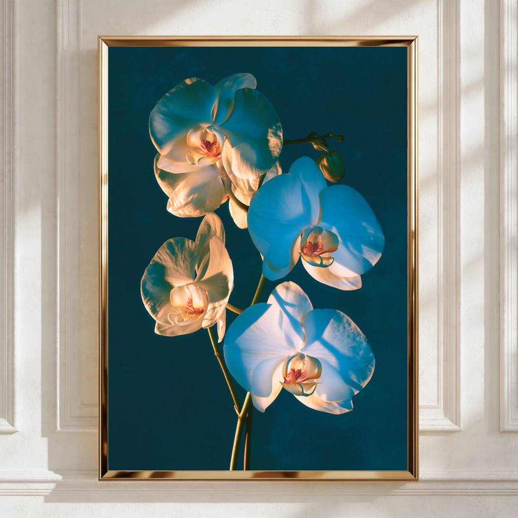 Orchid Shadow Play Botanical Poster, Teal Floral Wall Art, Moody Photo Print