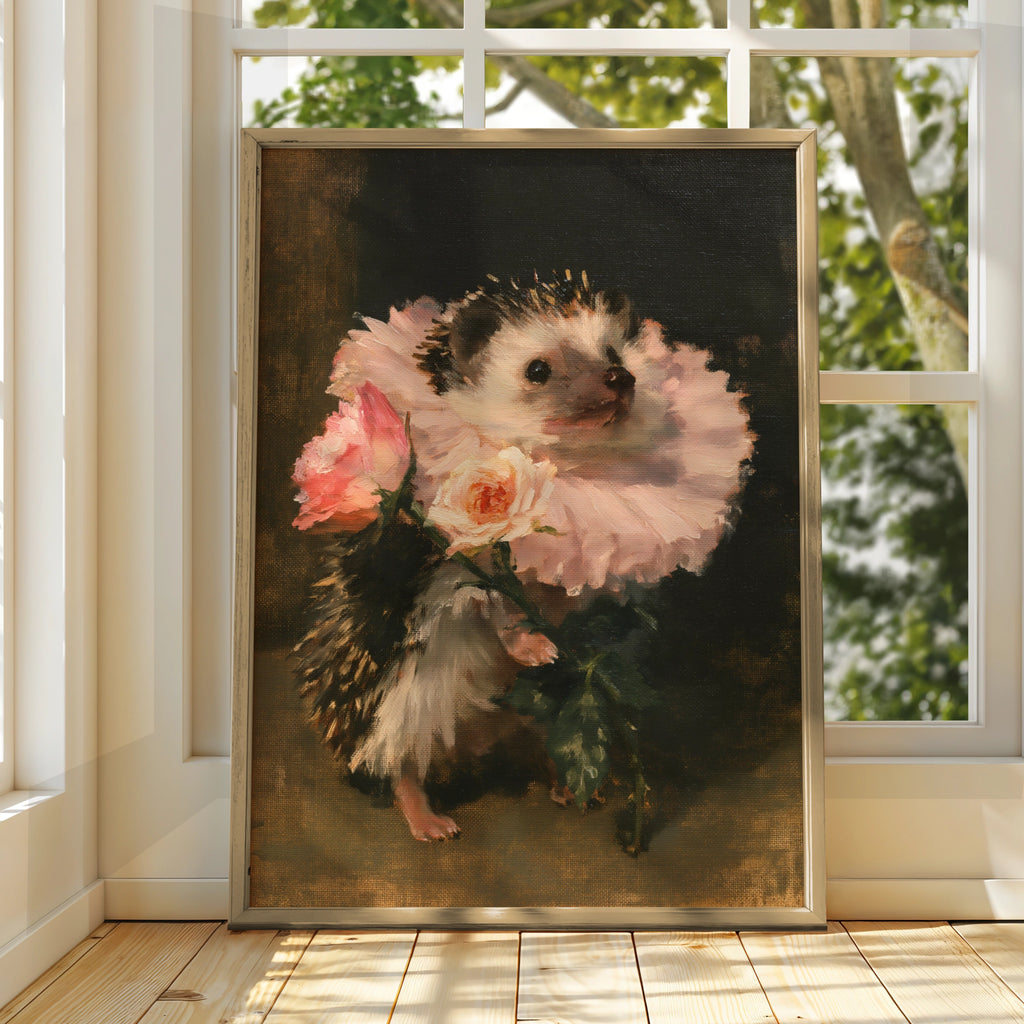 Hedgehog with Roses Poster, Floral Animal Wall Art, Old Masters Style Print