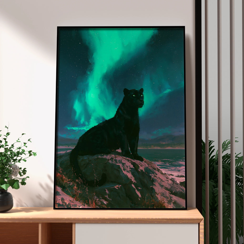 Black Panther Aurora Borealis Poster, Northern Lights Wildlife Art Print