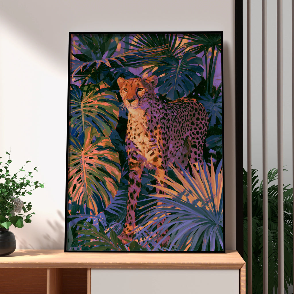 Cheetah Sunset Tropical Plants Poster, Bold Jungle Wildlife Wall Art Print