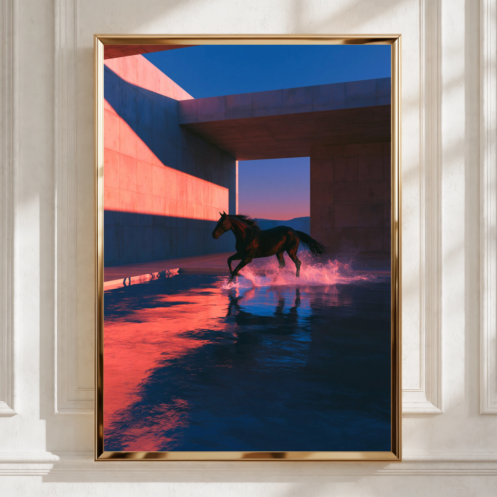 Horse Splashing Water Sunset Poster, Running Horse Wall Art, Moody Dramatic Print