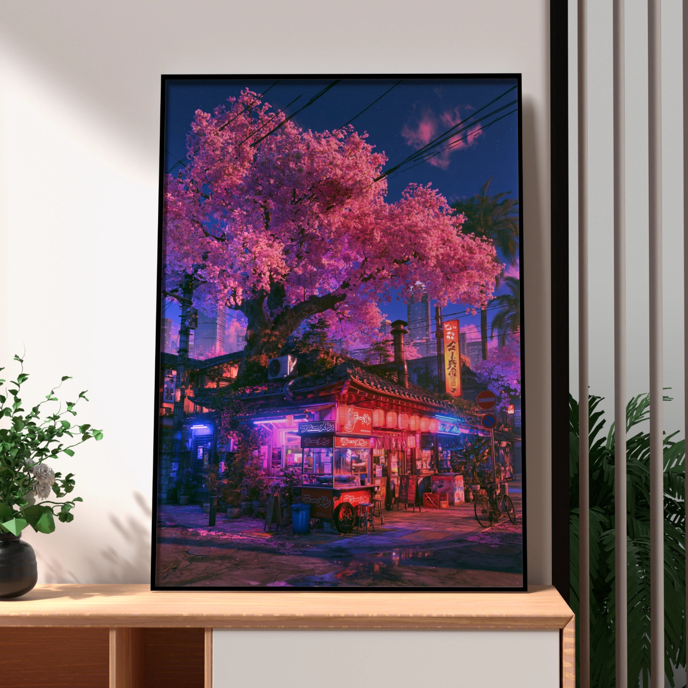 Japan Cherry Blossom Street Corner Poster, Neon Tokyo Night Art Print