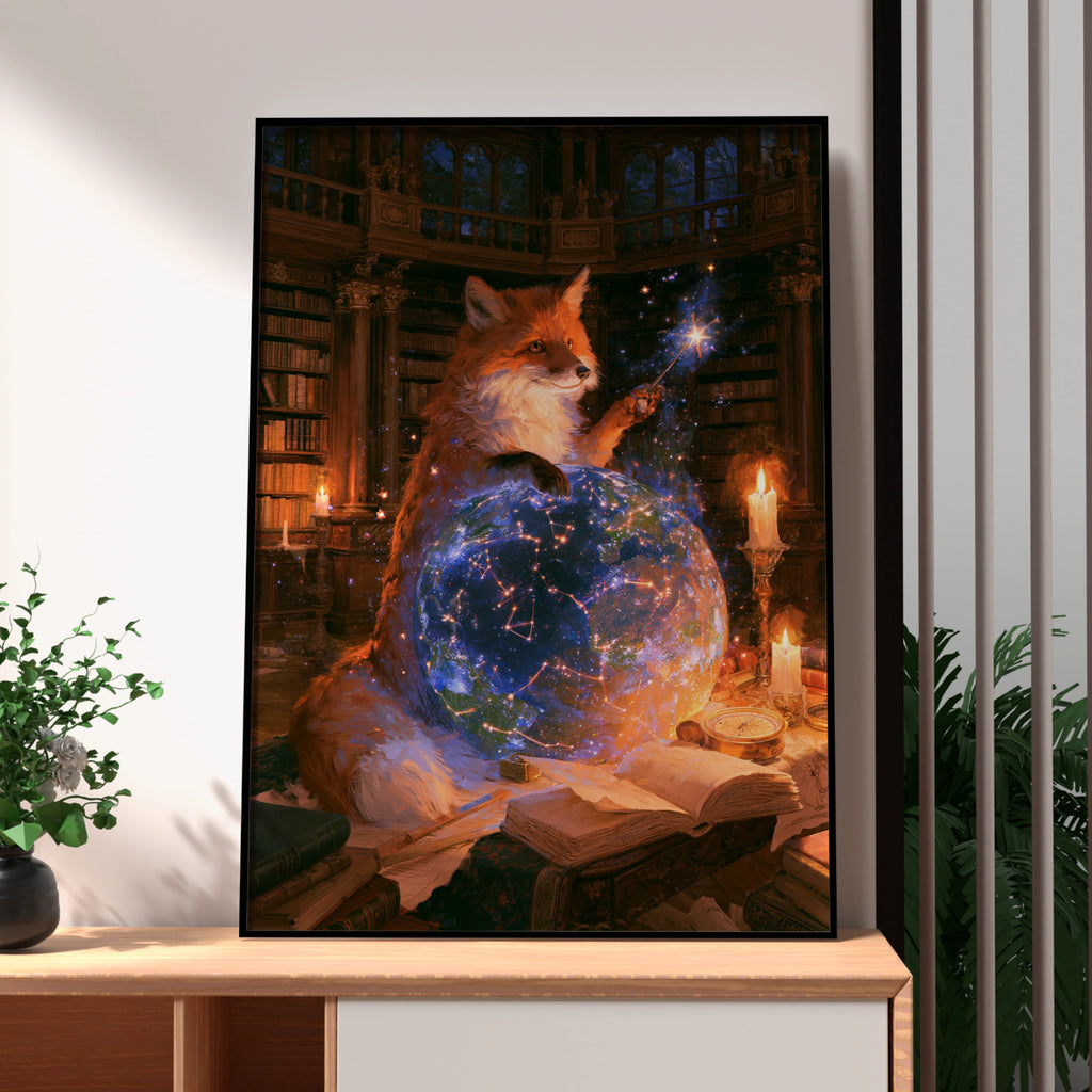 Fox Celestial Observatory Poster, Magical Library Wall Art, Fantasy Print