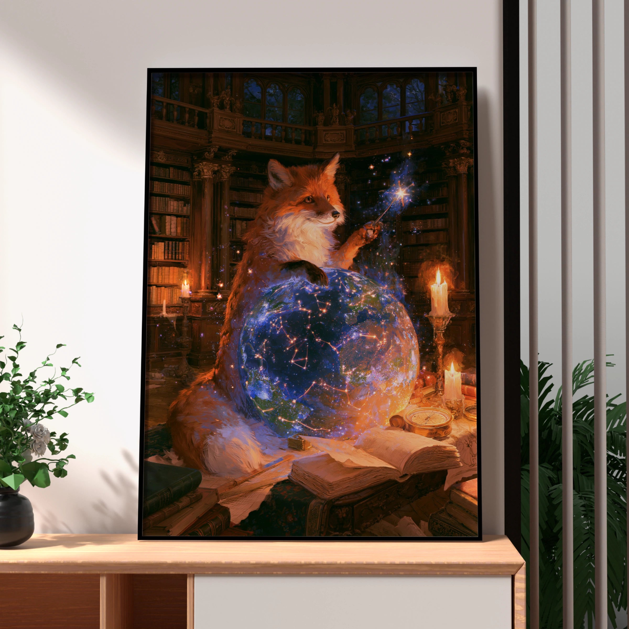 Fox Celestial Observatory Poster, Magical Library Wall Art, Fantasy Print