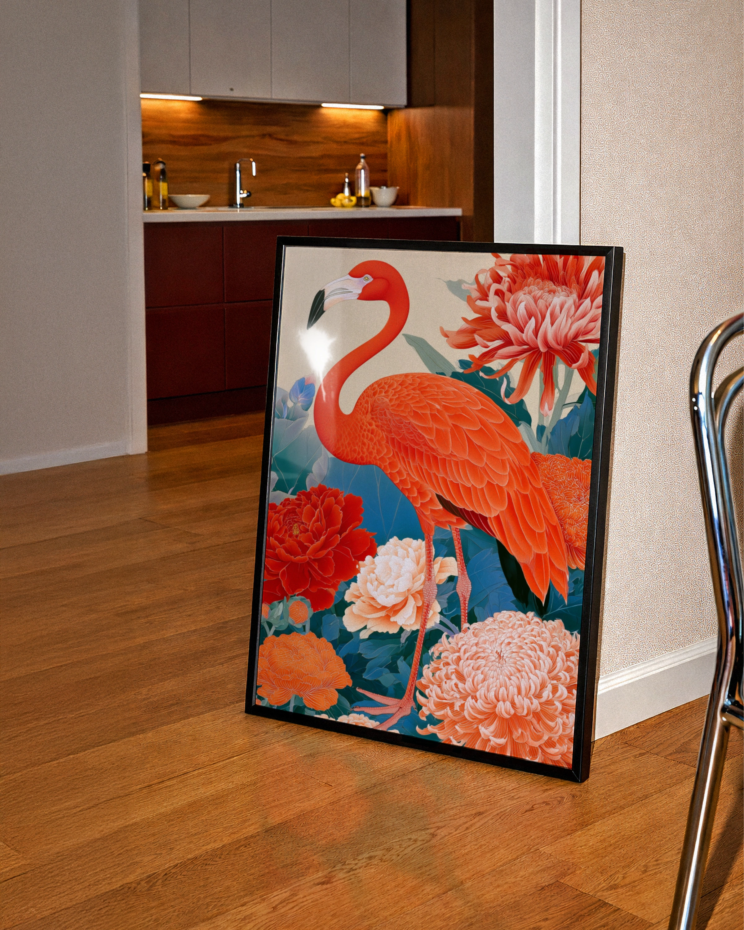 Flamingo Japanese Floral Poster, Botanical Bird Art Print, Ukiyo-e Style
