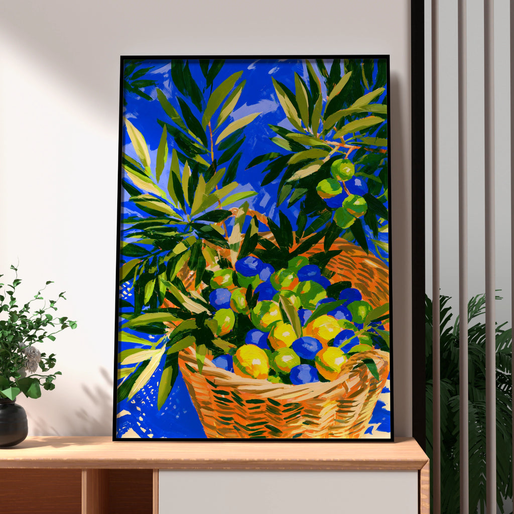 Olive Branch Basket Poster, Bold Blue Mediterranean Wall Art Print