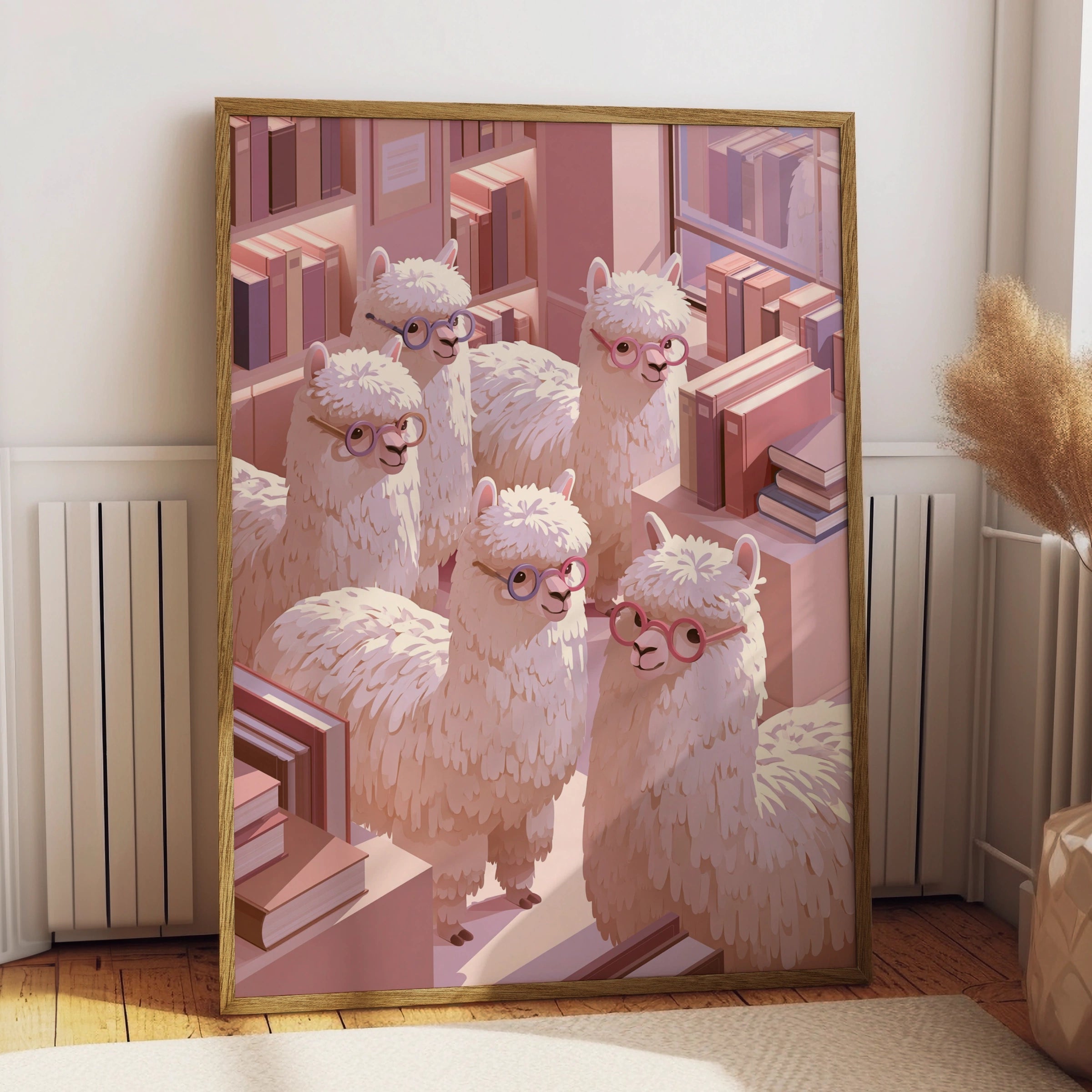 Alpaca Library Poster, Cute Alpacas with Glasses, Pink Bookish Wall Art