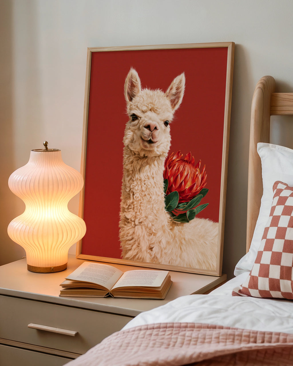 Alpaca with Red Protea Flower Poster, Bold Animal Wall Art Print