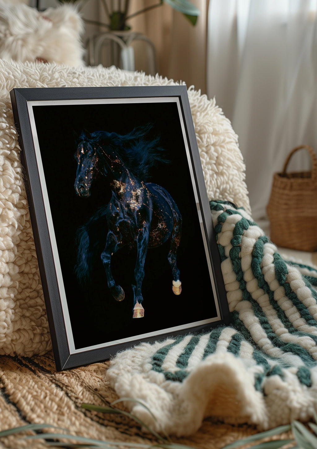Galaxy Horse Poster, Black Gold Stallion Wall Art, Dark Cosmic Print