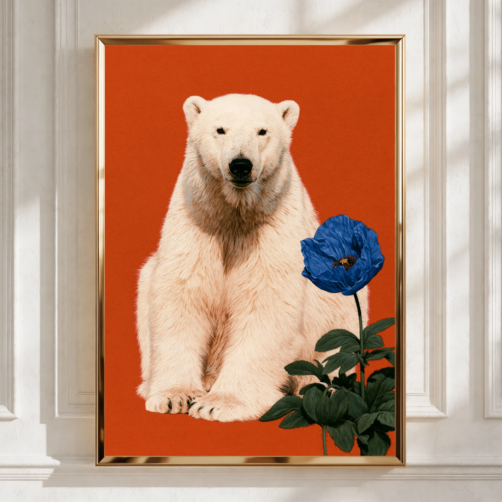 Polar Bear Blue Flower Poster, Bold Red Wildlife Wall Art Print