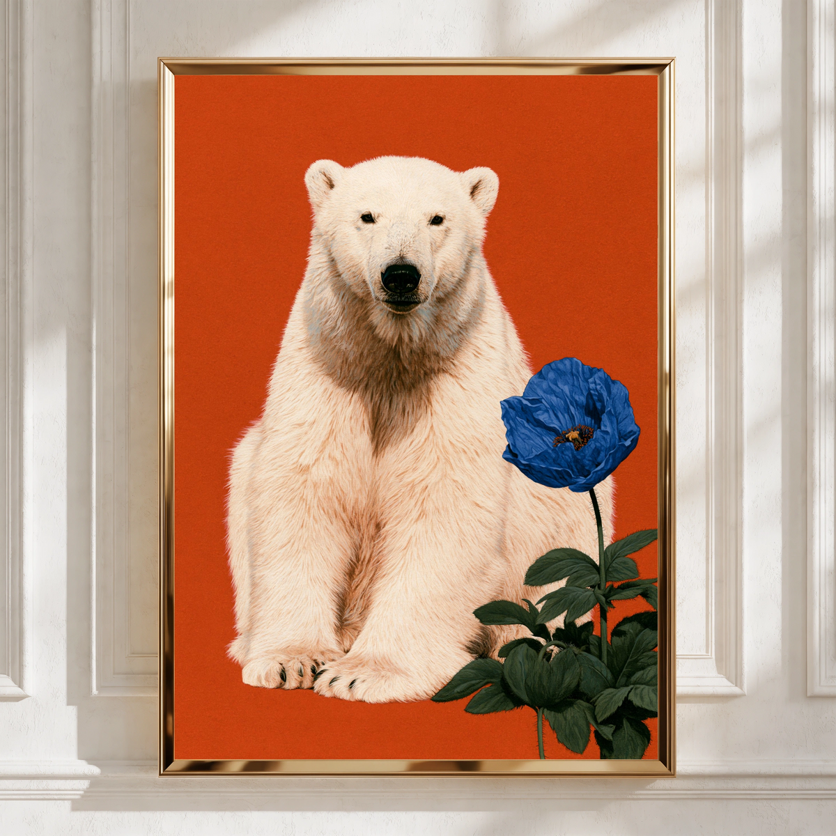 Polar Bear Blue Flower Poster, Bold Red Wildlife Wall Art Print