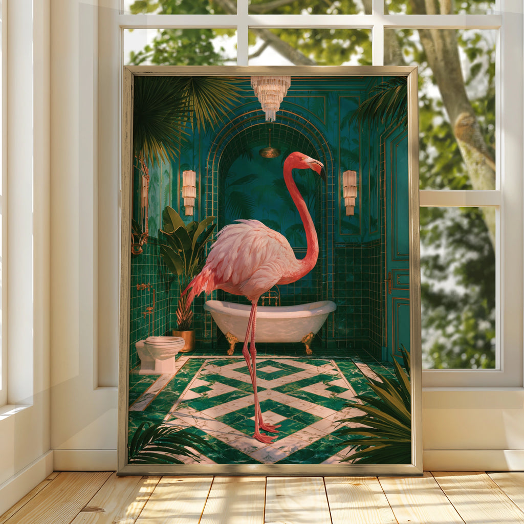 Flamingo Green Bathroom Poster, Pink Bird Tropical Art Deco Print