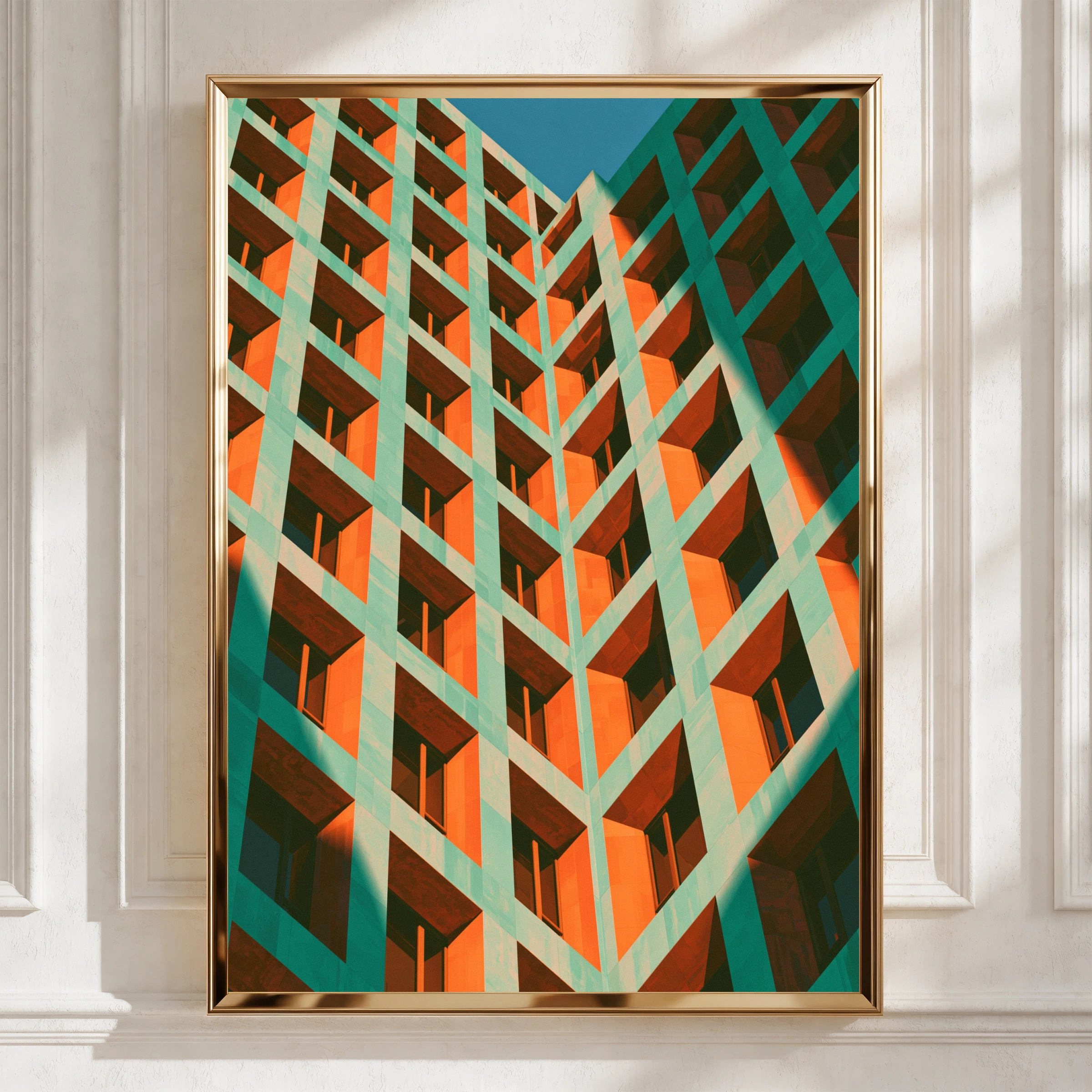 Architecture Building Facade Poster, Green Orange Geometric Brutalist Print