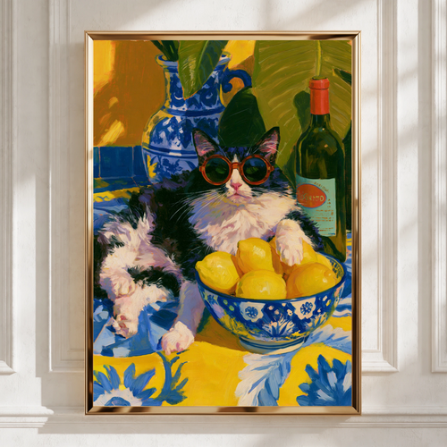 Cat with Sunglasses Lemon Bowl Poster, Mediterranean Still Life Wall Art Print
