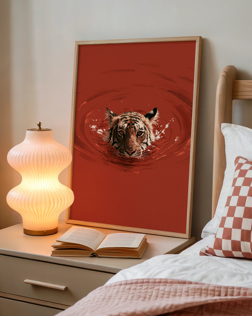 Tiger Swimming in Red Water Poster, Bold Wildlife Wall Art, Dramatic Animal Print