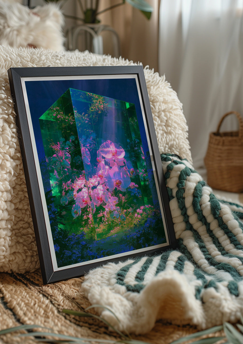 Emerald Glass Orchid Poster, Pink Flowers Fantasy Art Print, Botanical