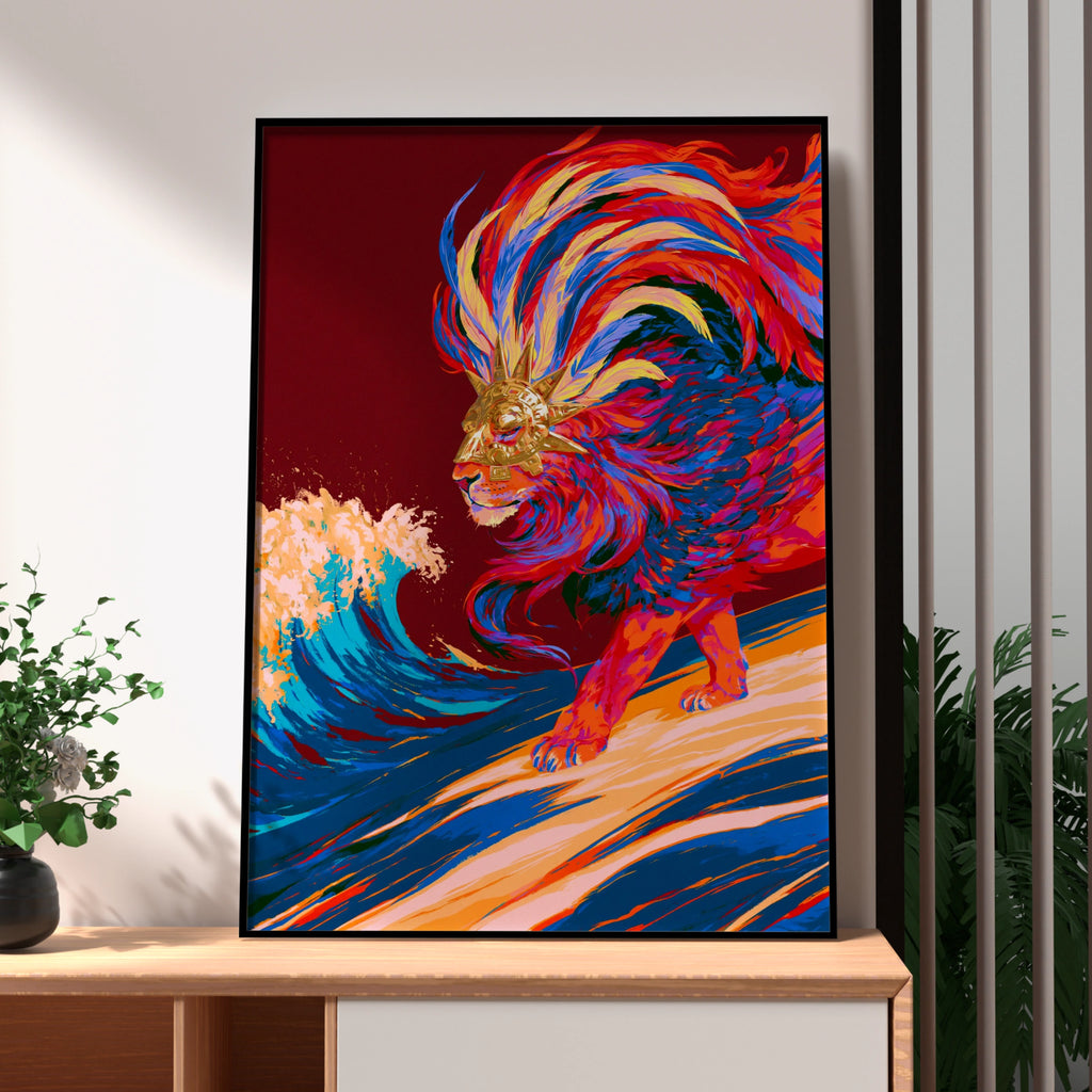 Divine Lion God Poster, Mythical Beast Wave Art, Bold Colourful Print
