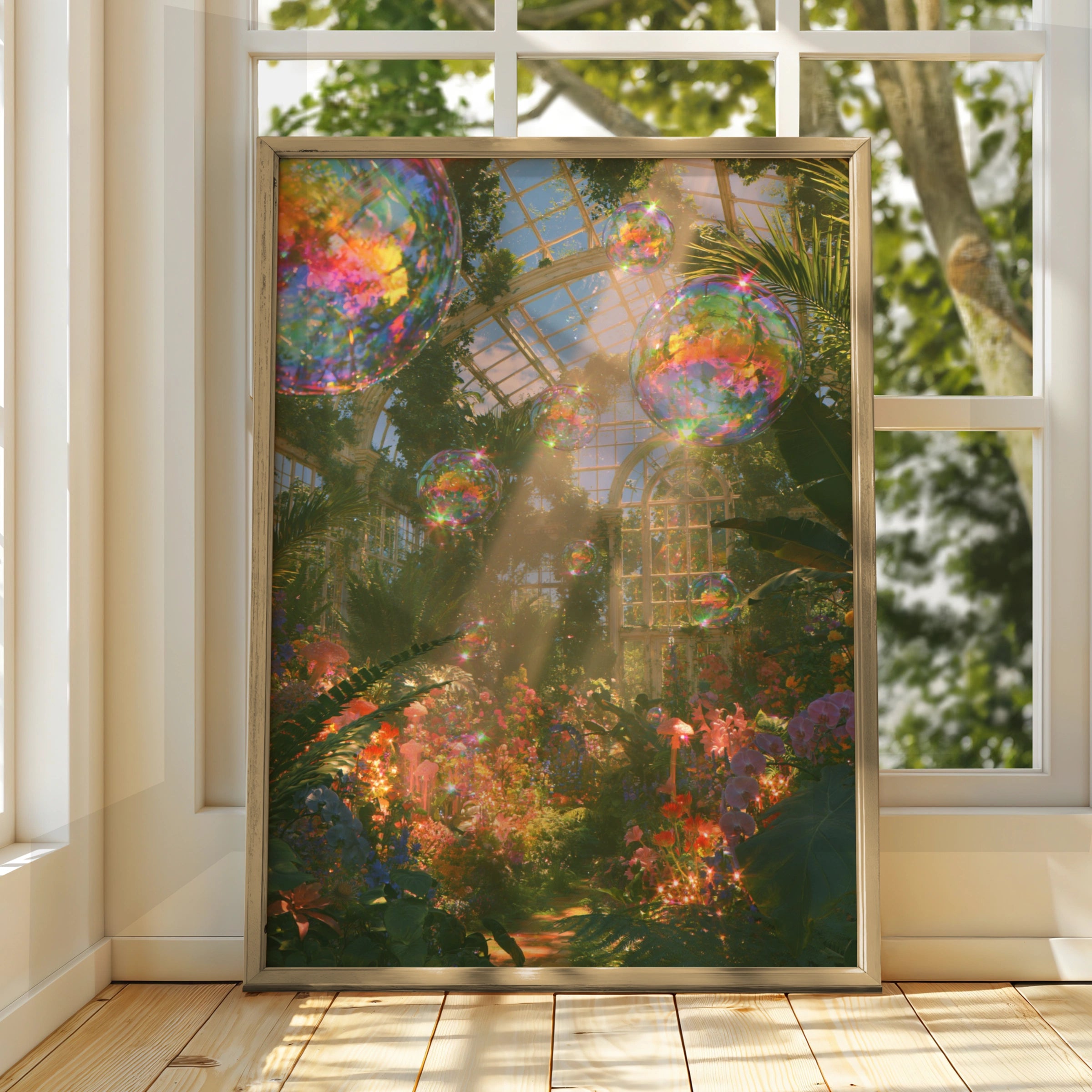 Surreal Greenhouse Bubbles Wall Art Poster, Botanical Fantasy Print