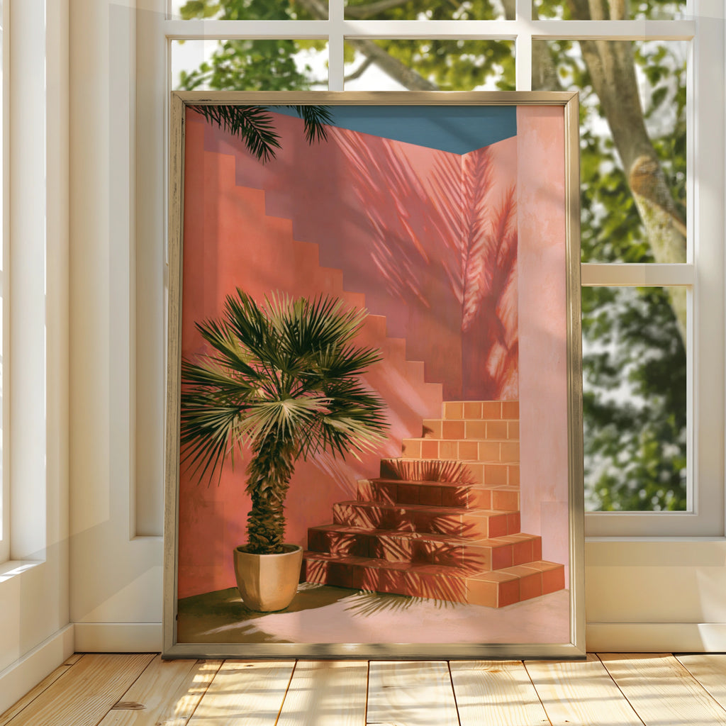 Palm Tree Courtyard Stairs Poster, Mediterranean Architecture, Terracotta Wall Art