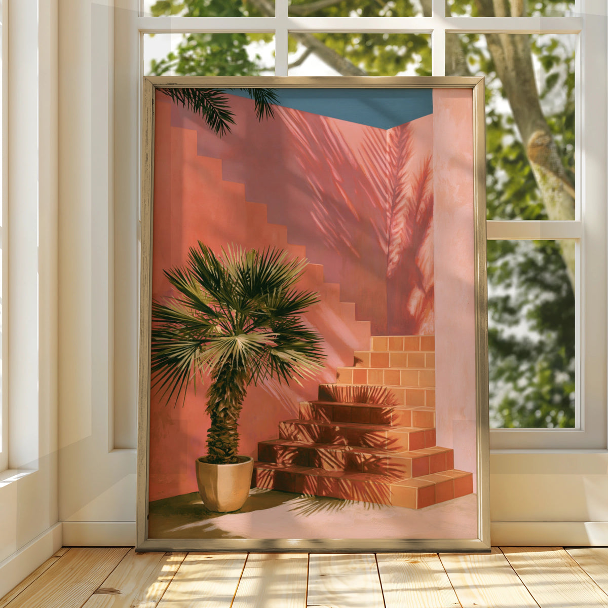 Palm Tree Courtyard Stairs Poster, Mediterranean Architecture, Terracotta Wall Art