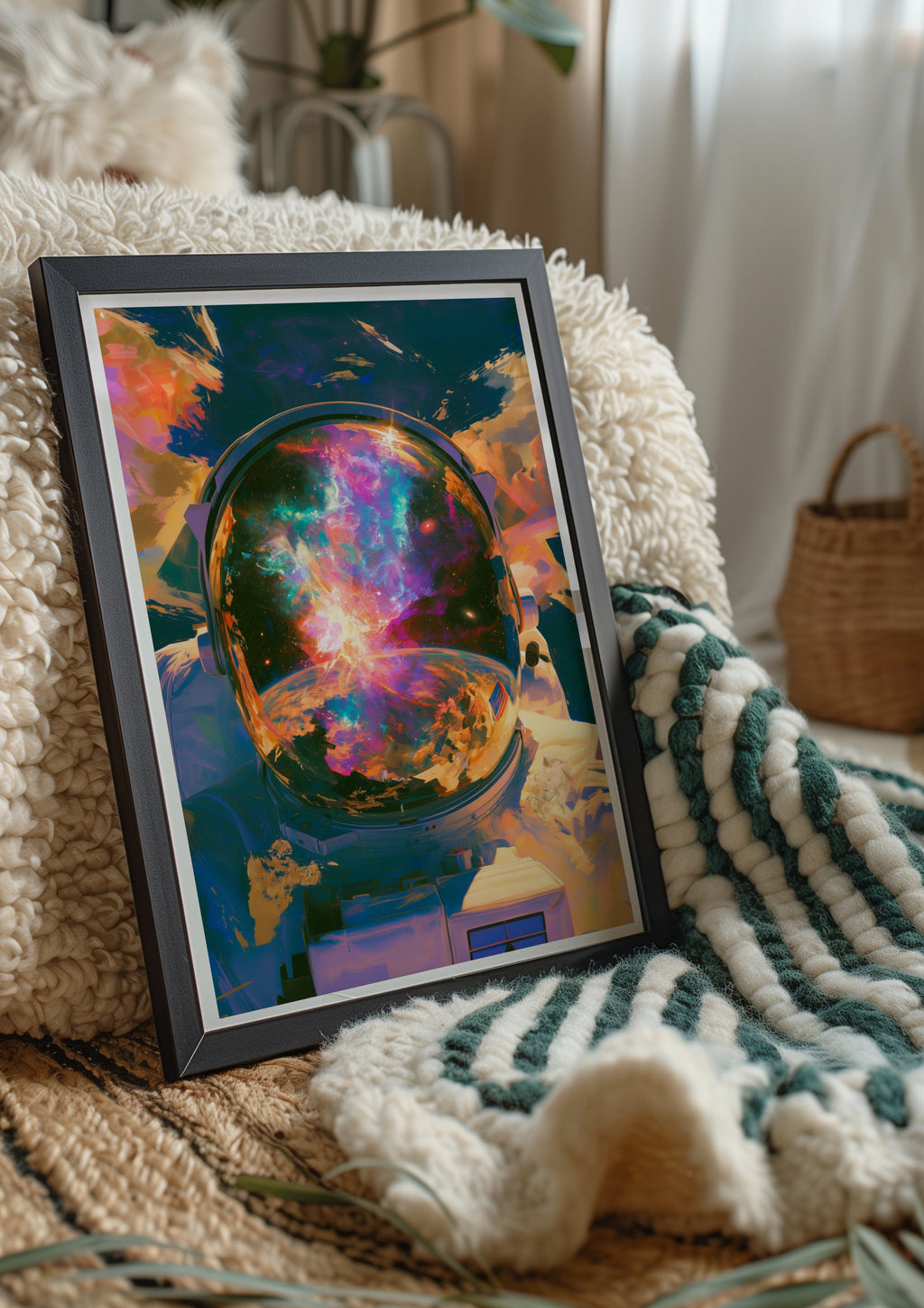 Astronaut Helmet Nebula Reflection Poster, Abstract Space Art Print