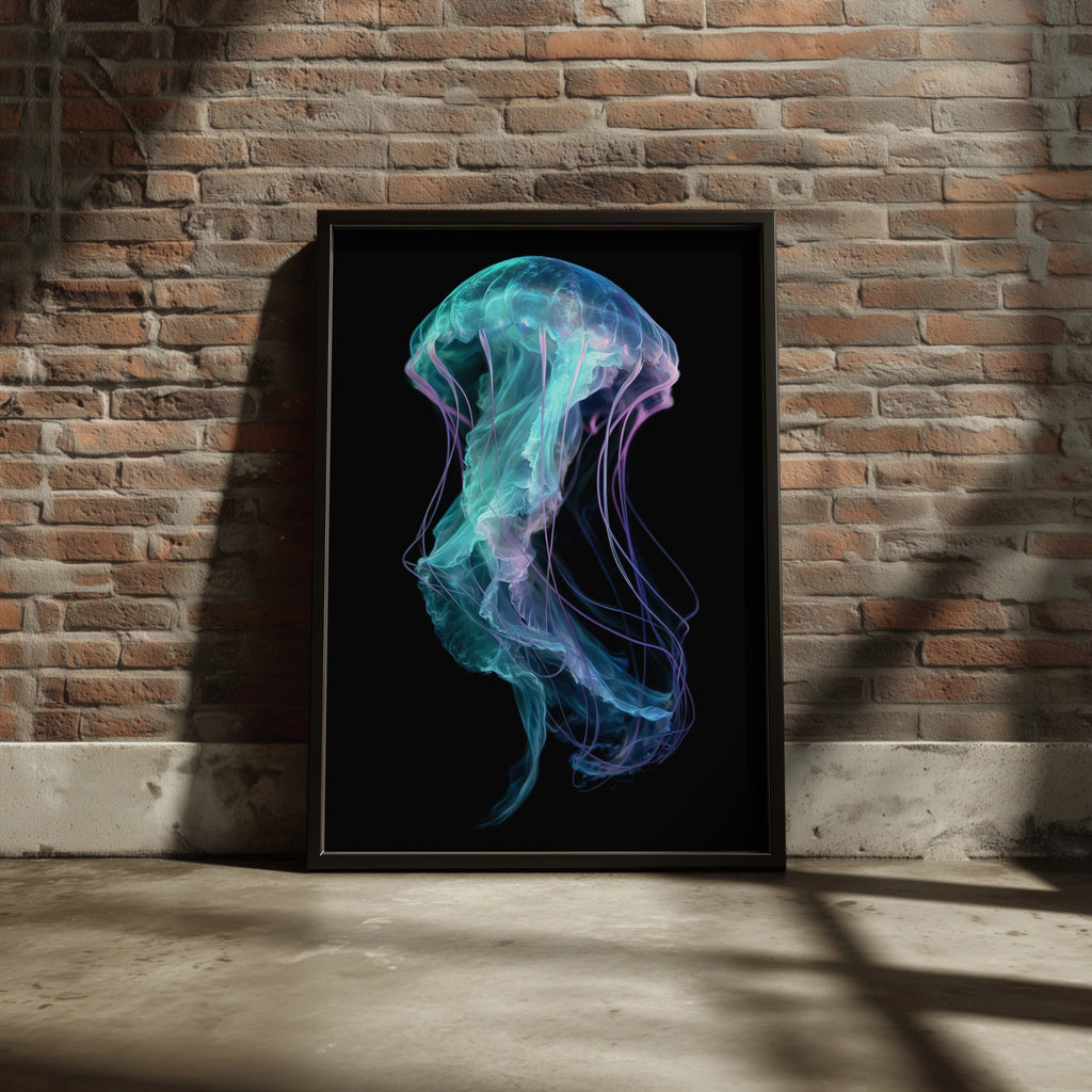 Jellyfish Wall Art Poster, Teal Purple Neon Ocean Print, Dark Minimalist Style