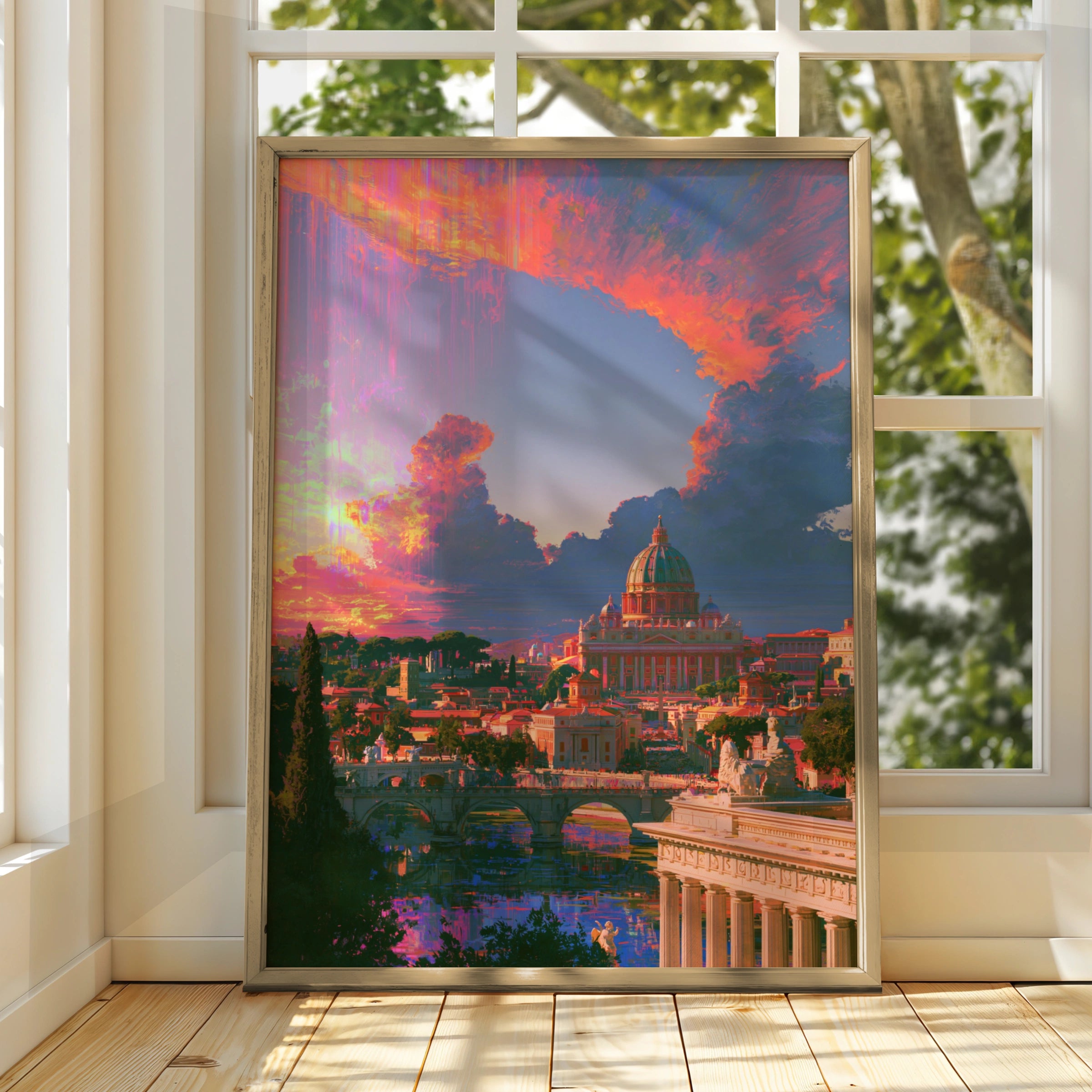 Rome Sunset Skyline Poster, St Peter's Basilica, Vibrant Orange Sky Art Print