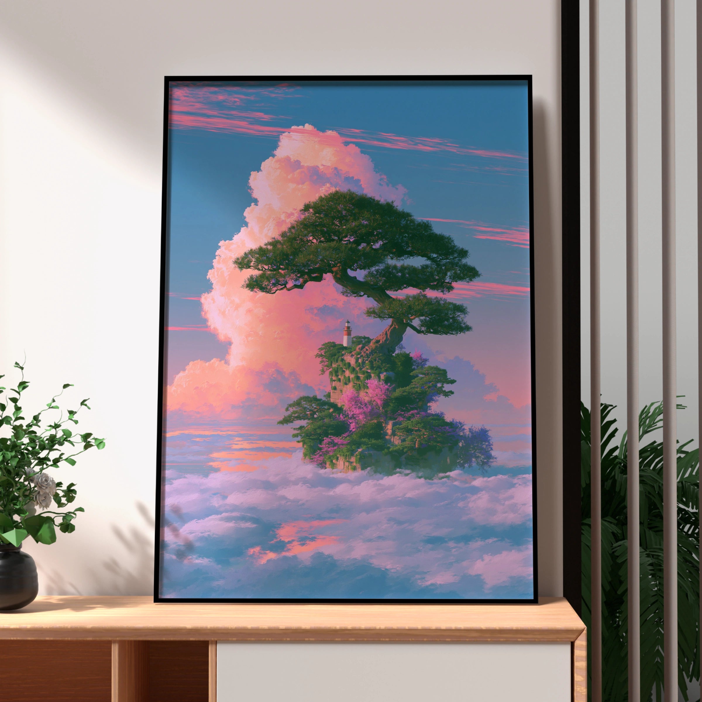 Floating Island Lighthouse Tree Sky Poster, Fantasy Japanese Art Print