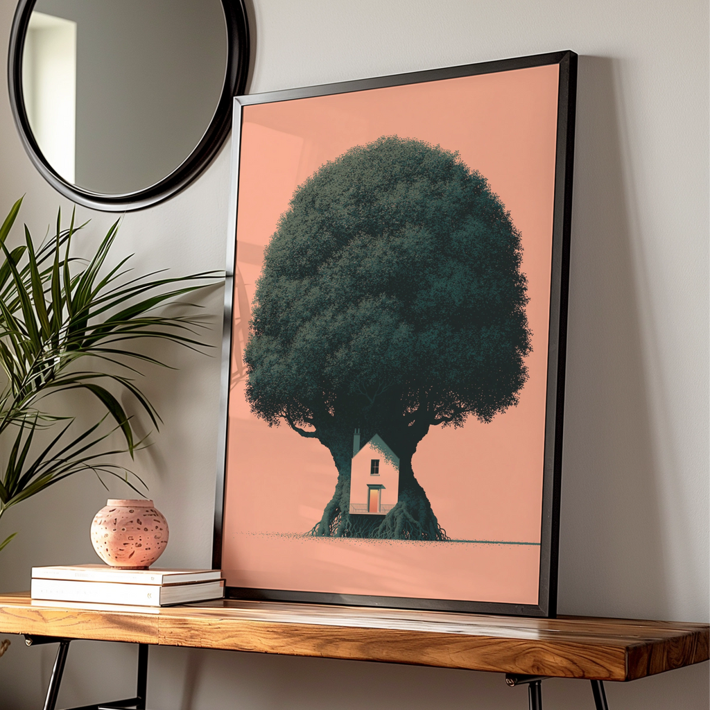 Giant Tree House Poster, Minimalist Nature Art Print, Peach Orange Wall Decor
