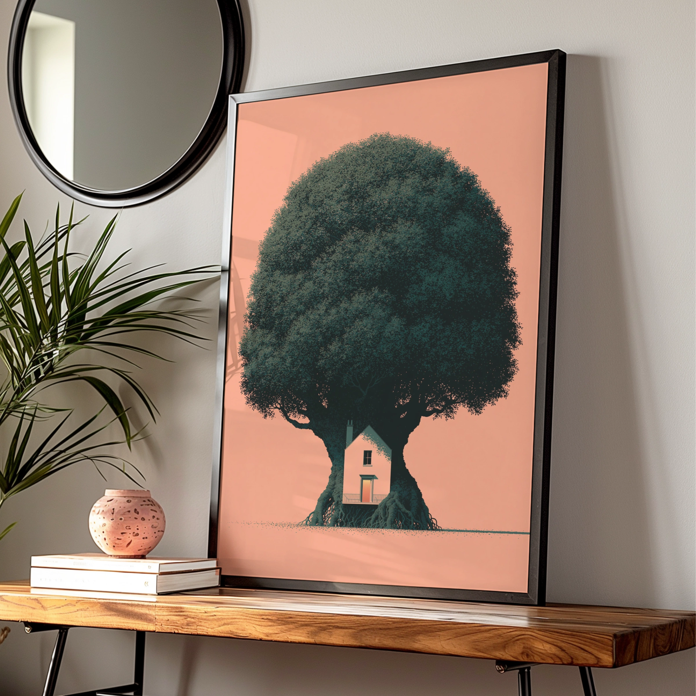 Giant Tree House Poster, Minimalist Nature Art Print, Peach Orange Wall Decor
