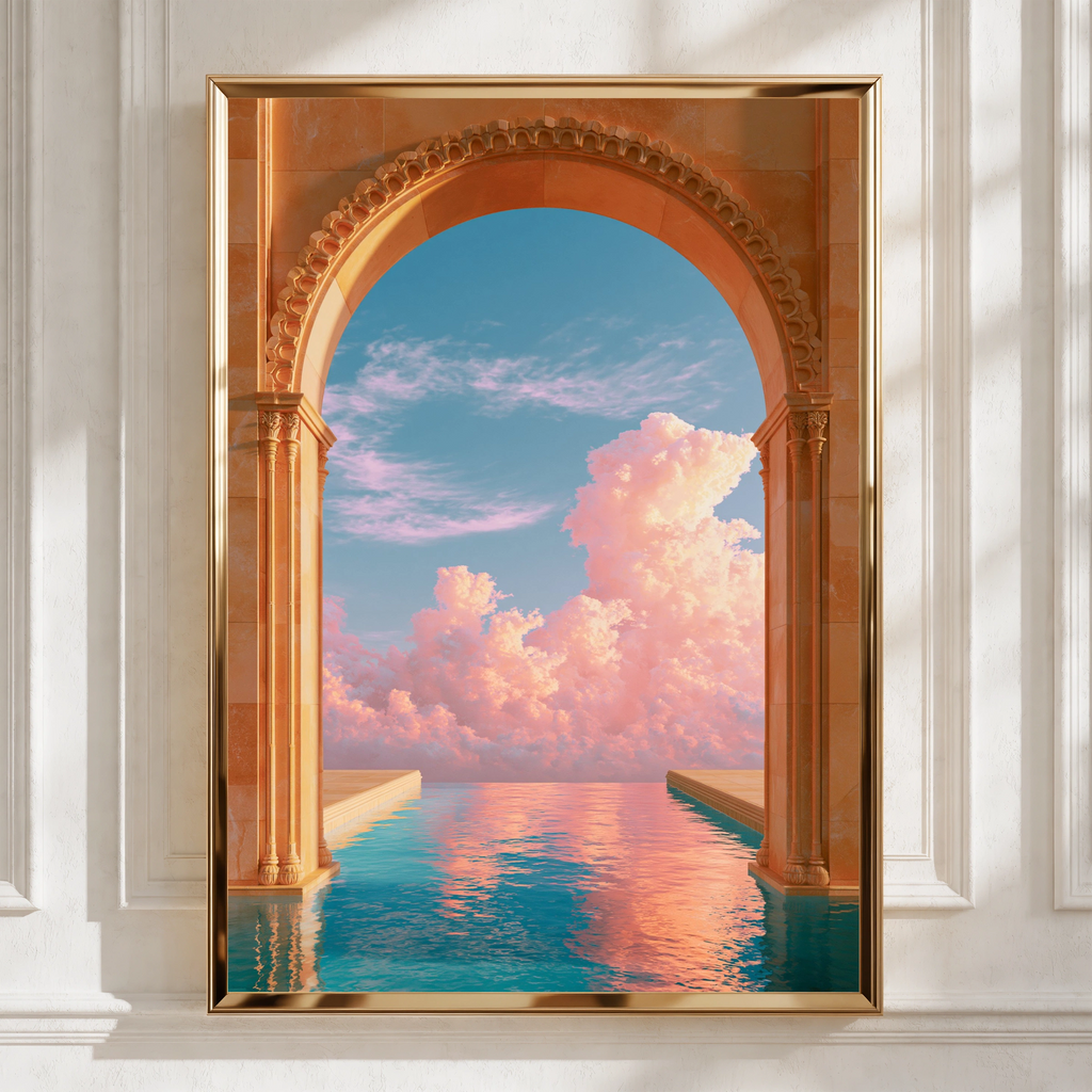Arch Pool Dreamy Sky Poster, Surreal Architecture Print, Pastel Cloud Wall Art