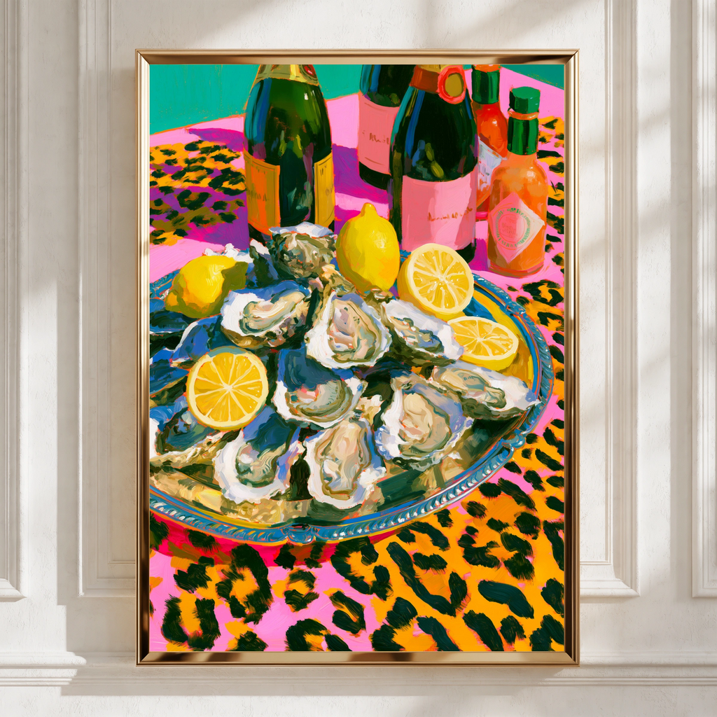 Oysters & Champagne Poster, Leopard Print Still Life, Bold Maximalist Wall Art