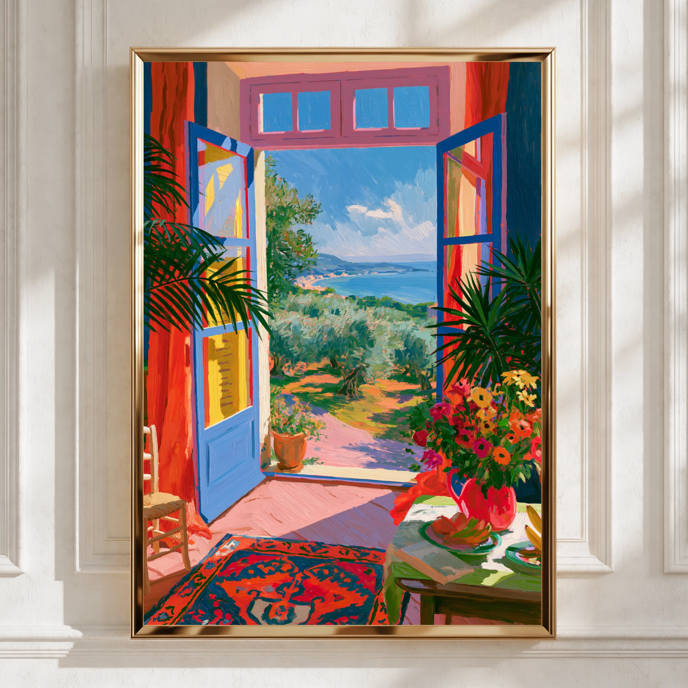 Colourful Olive Grove Window View Poster, Mediterranean Sea Art Print