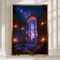 Cosmic Observatory Library Poster, Telescope Night Sky, Fantasy Astronomy Wall Art