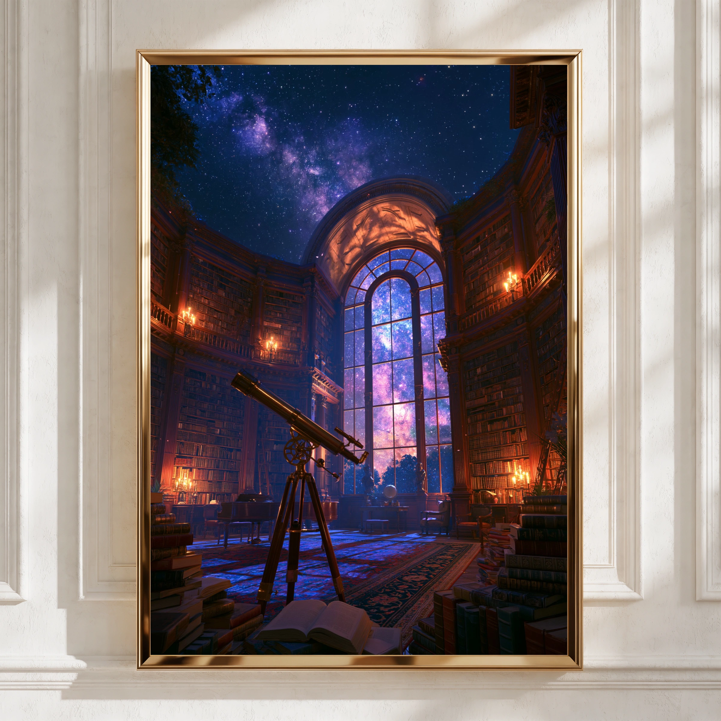 Cosmic Observatory Library Poster, Telescope Night Sky, Fantasy Astronomy Wall Art