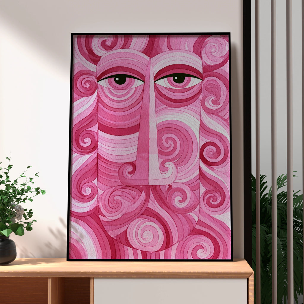 Pink Abstract Face Poster, Swirl Portrait Wall Art, Psychedelic Print