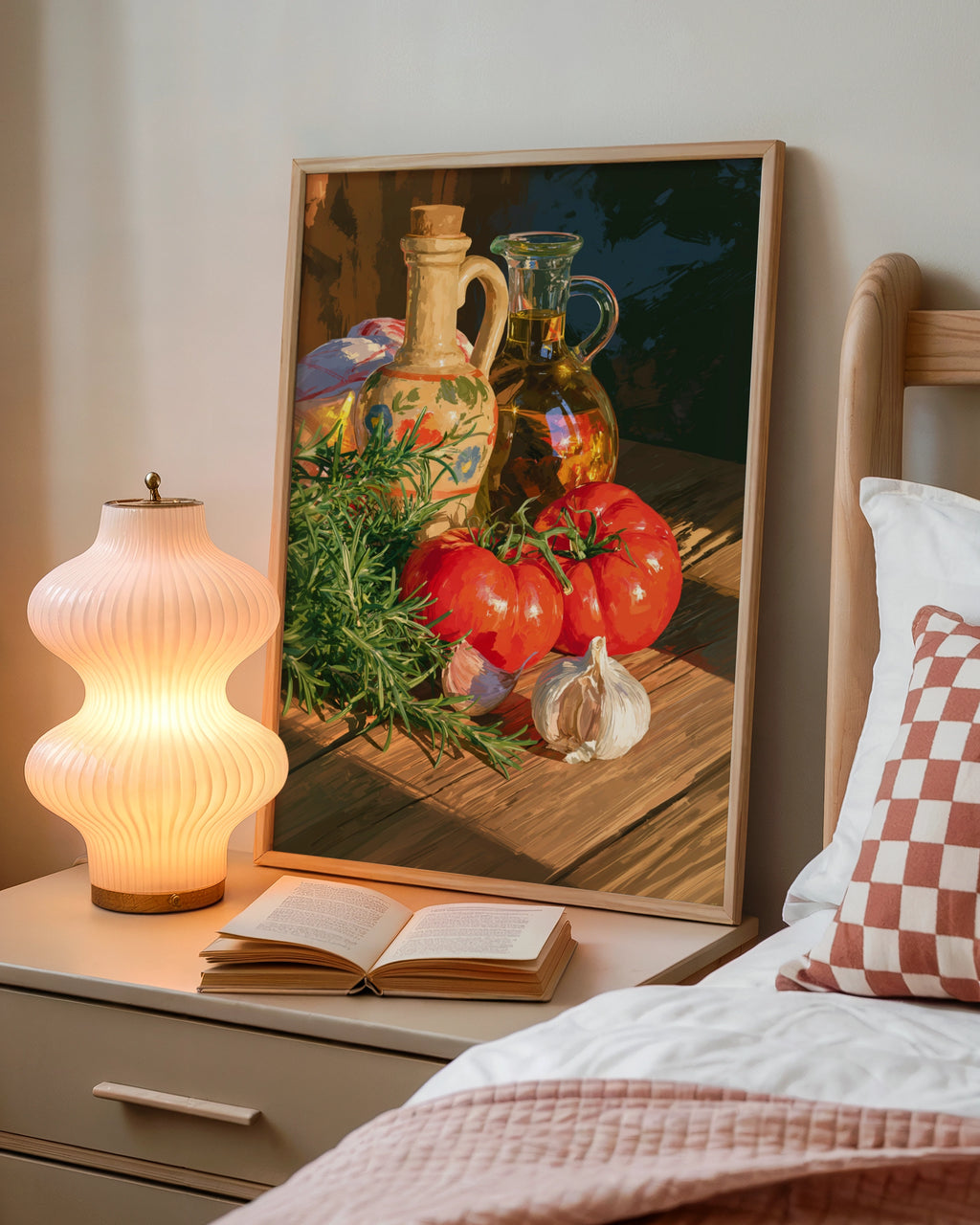 Tomatoes Garlic Olive Oil Rosemary Still Life Poster, Mediterranean Kitchen Art